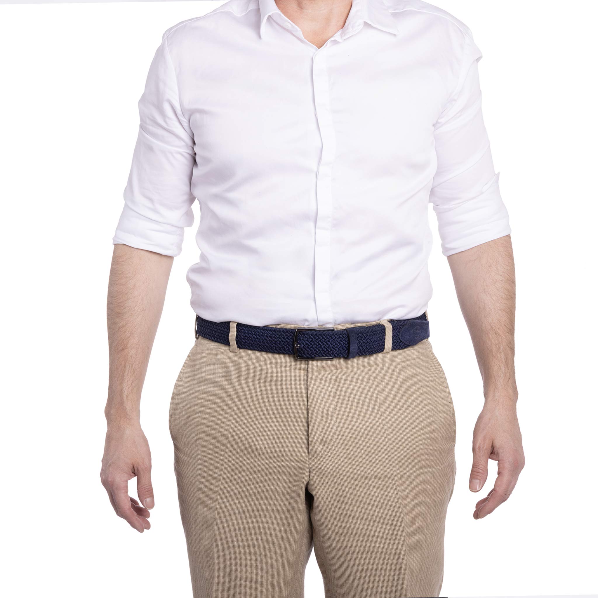 Dunkelblauer Flechtgürtel für Herren mit Stretch - elastisch - von Model getragen - Modell Verona - FAFIGO