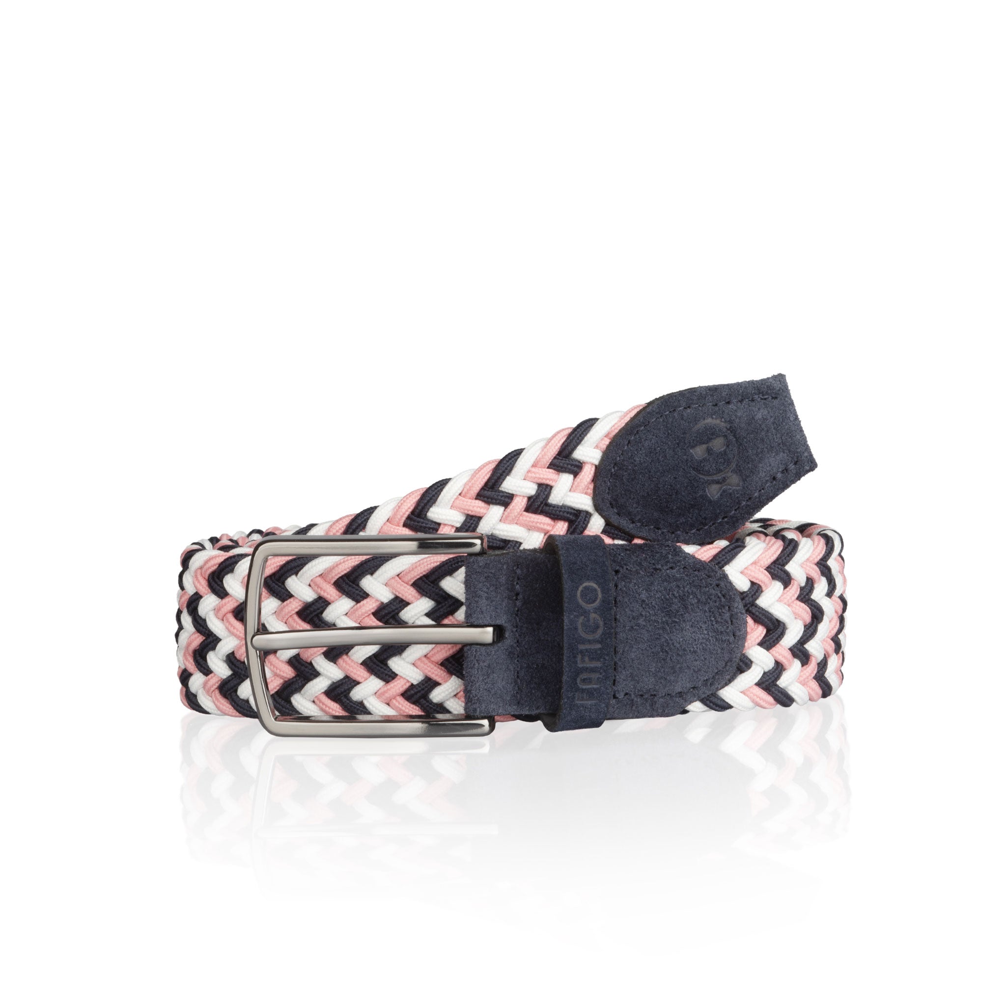 Mehrfarbiger Flechtgürtel Herren Tricolor Weiß - Dunkelblau - Rosa mit Stretch und Veloursleder - Modell Taormina - FAFIGO