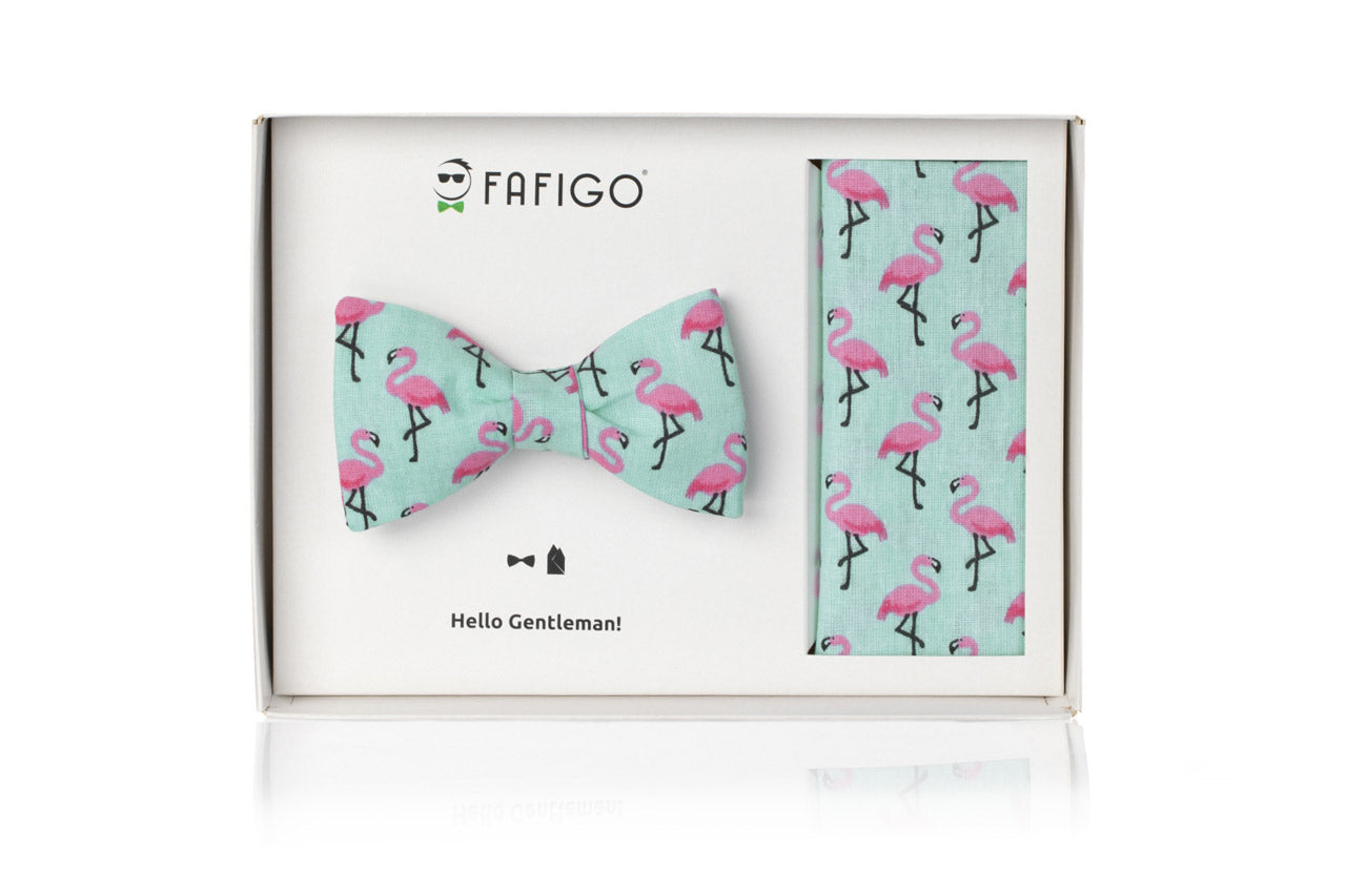 Türkises Fliege Einstecktuch Set mit pinken Flamingos FAFIGO