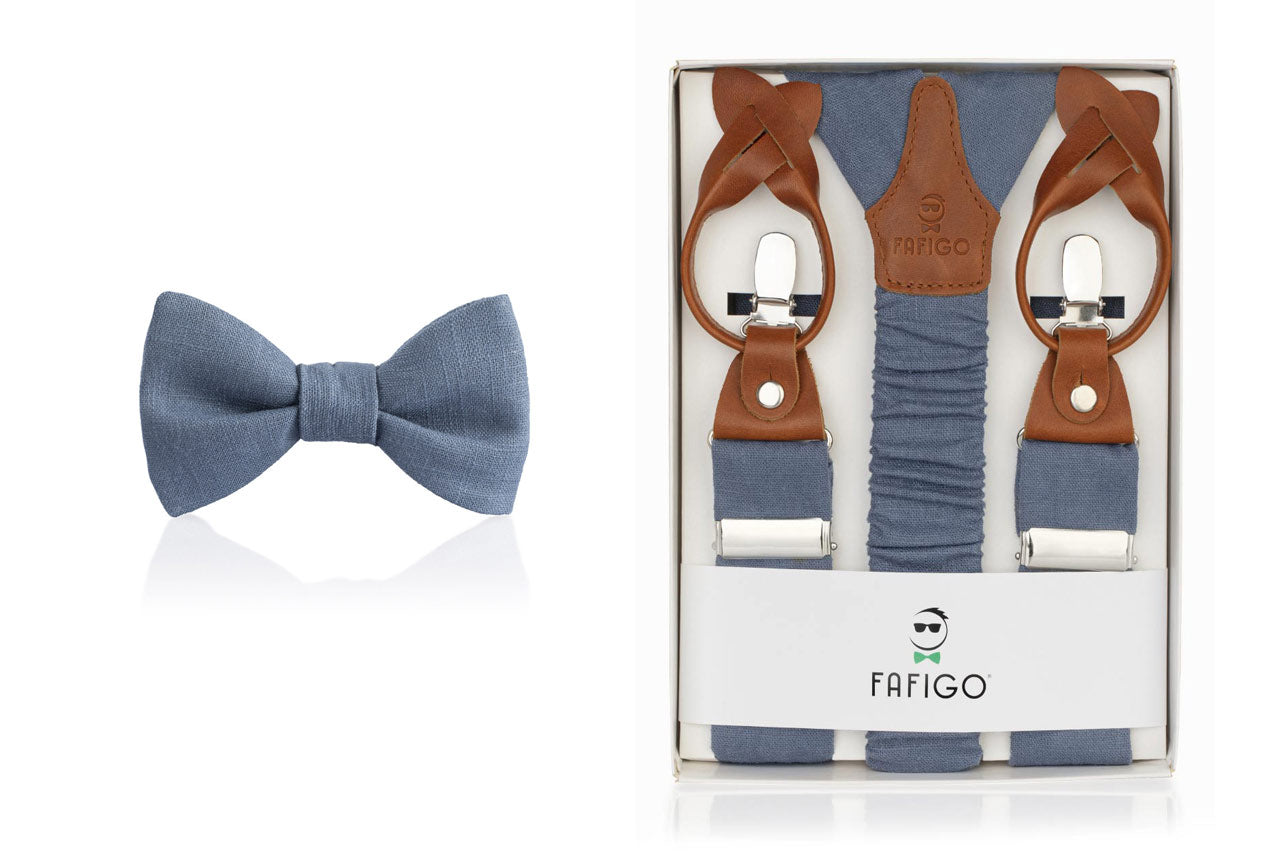 Blaues Set Fliege Hosenträger aus Leinen Marino FAFIGO