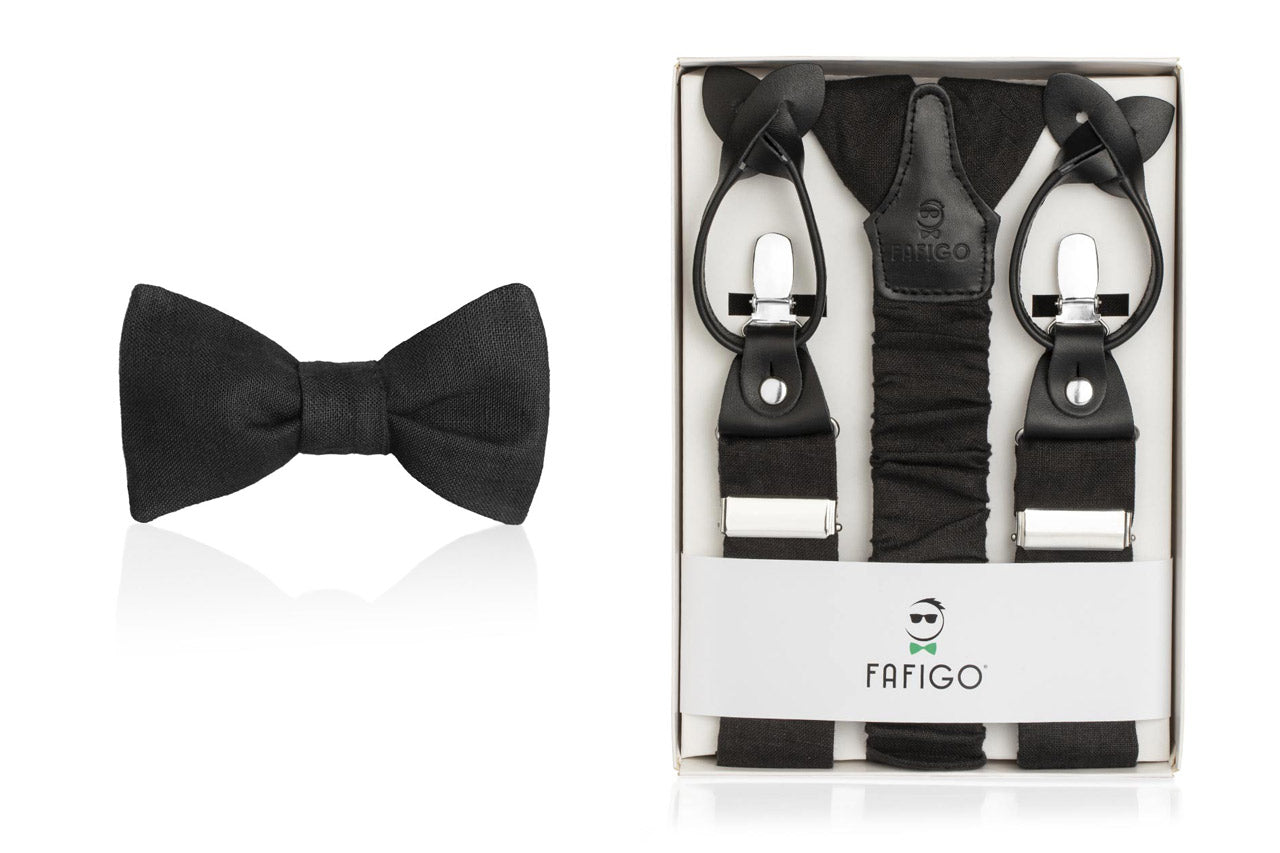 Schwarzes Fliege und Hosenträger Set aus Leinen "Classico" - FAFIGO