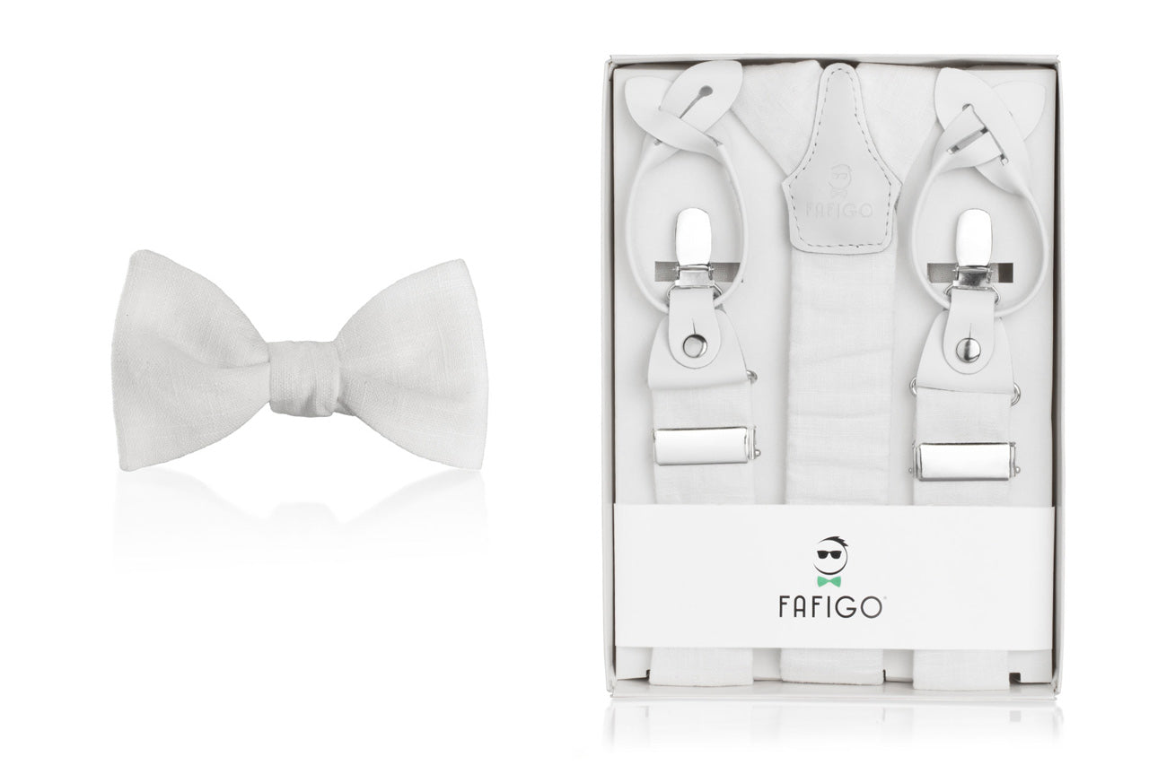 Weißes Fliege und Hosenträger Set aus Leinen "Cesare" - FAFIGO