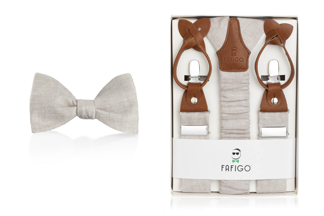 Set Fliege und Hosenträger in Naturfarbe aus Leinen "Alessio" - FAFIGO