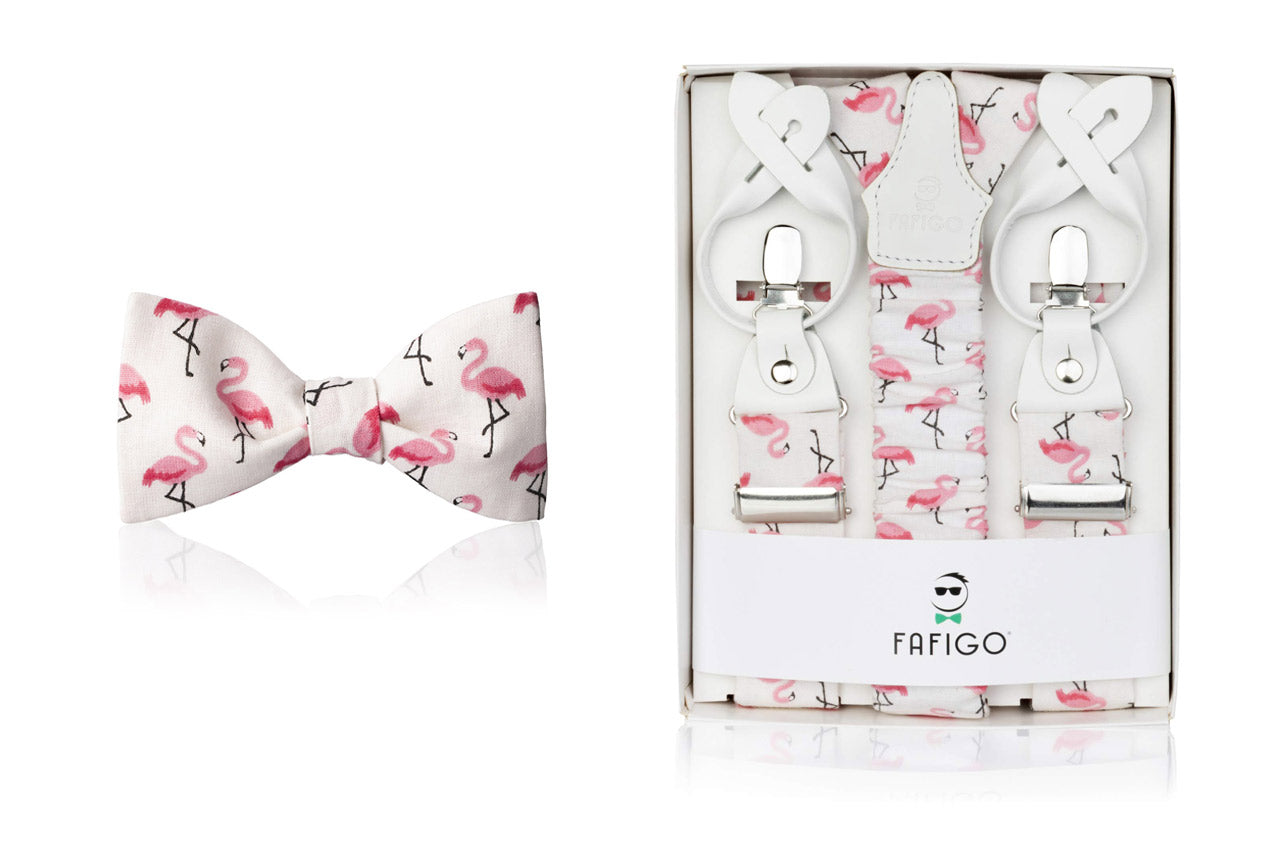Set mit Fliege und Hosenträger in Weiß mit pinken Flamingos - FAFIGO
