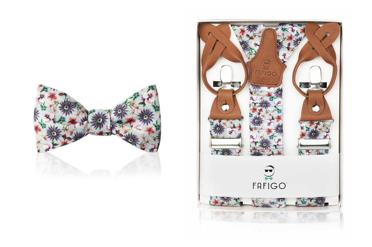 Set mit Fliege und Hosenträger in Türkis mit buntem Blumenmuster "Luciano" - FAFIGO