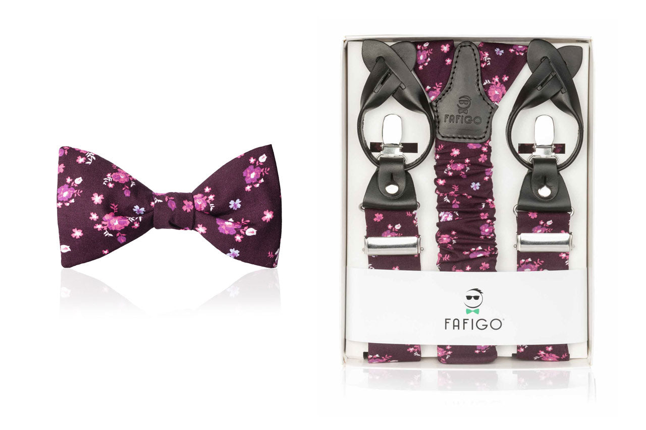 Set Fliege und Hosenträger in Beerenfarbe mit Blumenmuster "Giuseppe" - FAFIGO