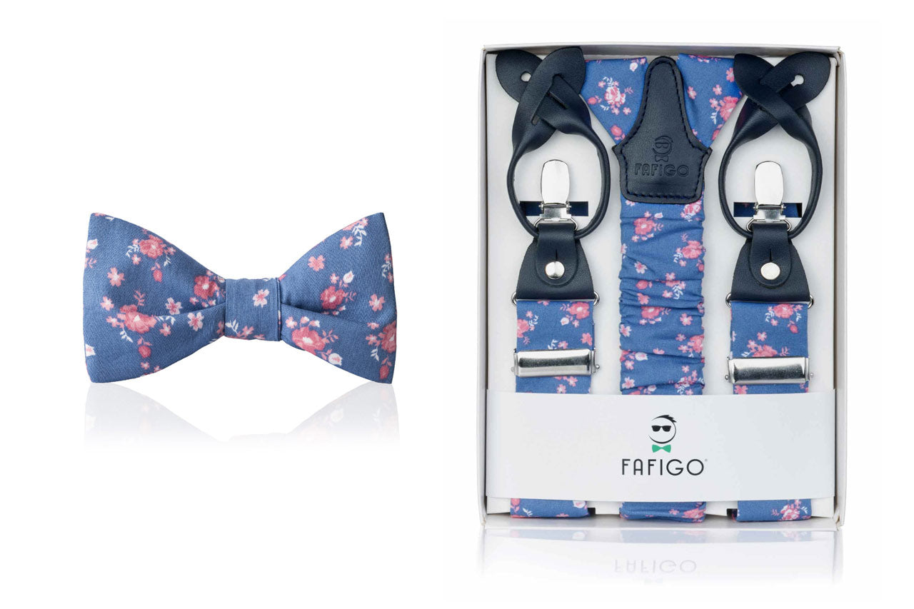 Set blaue Fliege und Hosenträger mit Blumenmuster in Rosa "Adriano" - FAFIGO