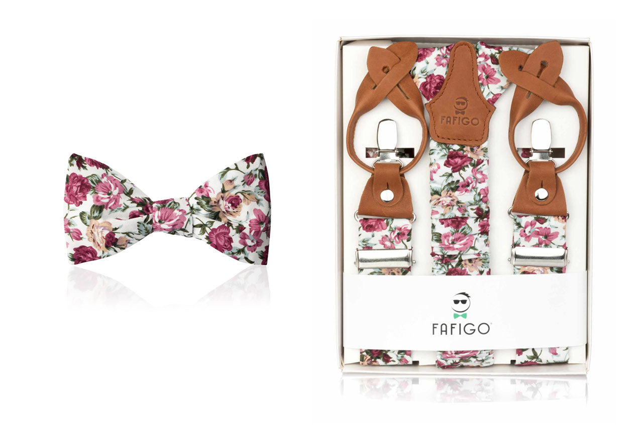Set mit Fliege und Hosenträger in Weiß mit Blumenmuster "Francesco" - FAFIGO