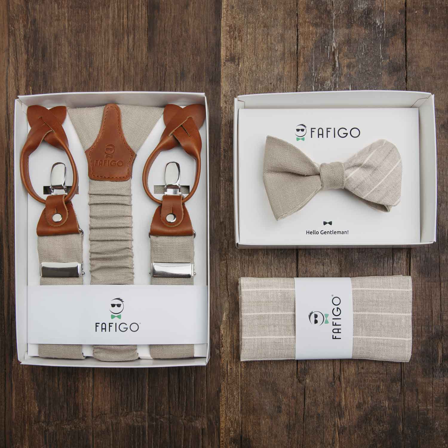 Set Fliege Einstecktuch Hosenträger Renato aus Leinen in Grau und Erdtönen FAFIGO