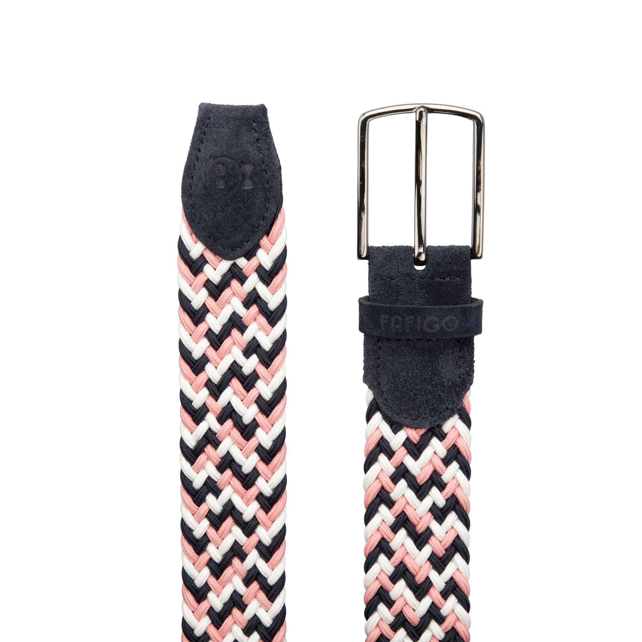 Tricolor Flechtgürtel für Herren in den Farben Weiß, Dunkelblau und Rosa mit Stretch und Veloursleder - Modell Taormina - FAFIGO
