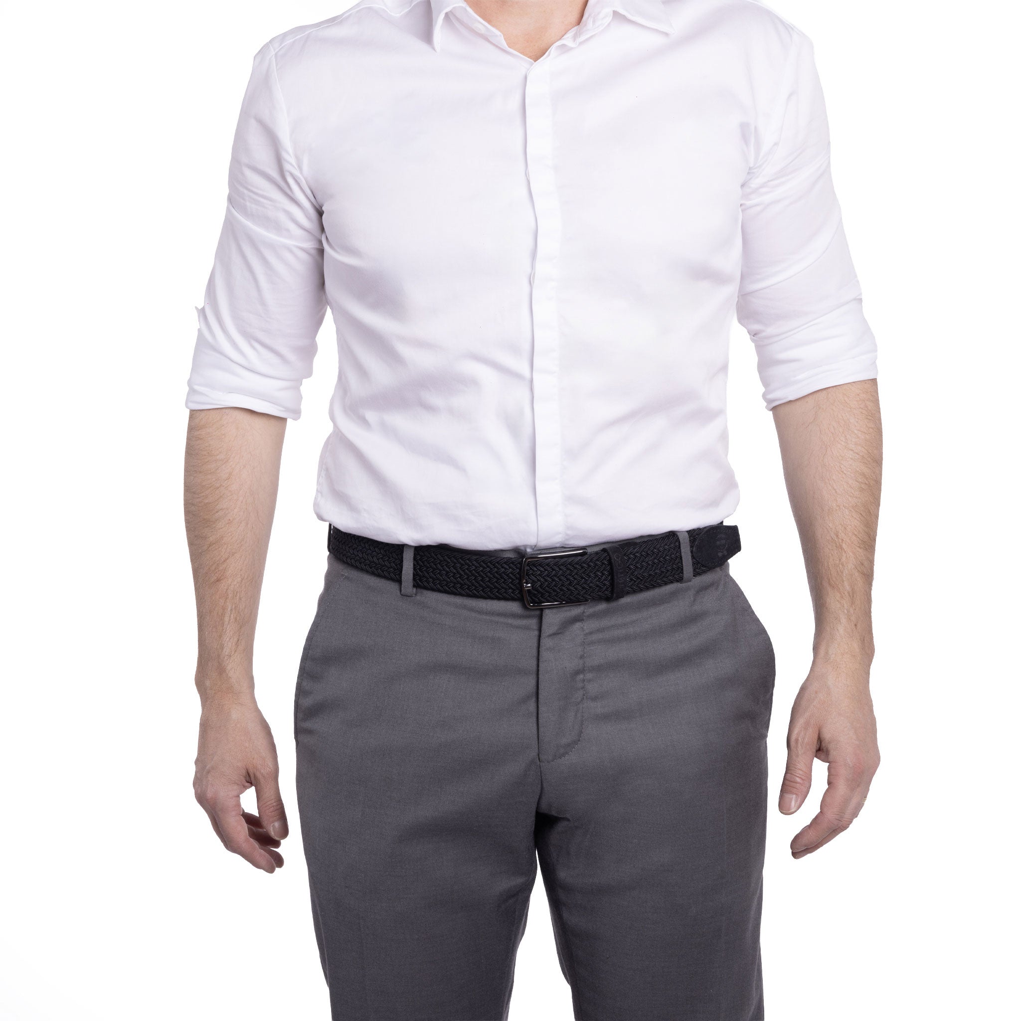 Schwarzer Flechtgürtel für Herren mit Stretch - elastisch - von Model getragen - Modell Milano - FAFIGO