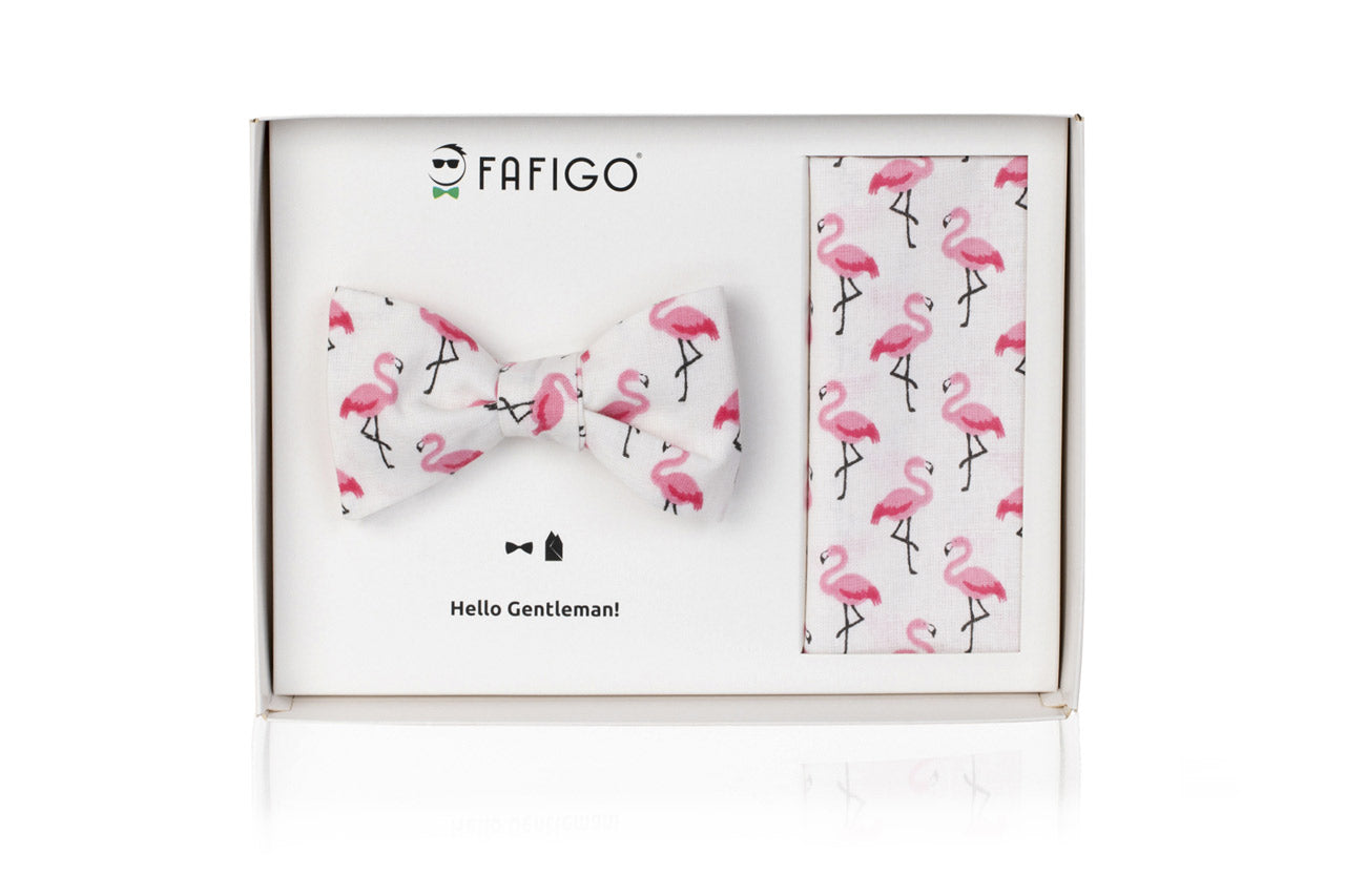 Weißes Fliege Einstecktuch Set mit pinken Flamingos FAFIGO