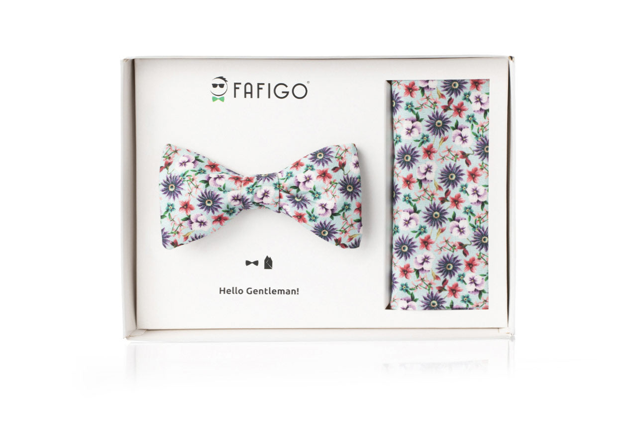 Fliege Einstecktuch Set Türkis mit Blumenmuster FAFIGO