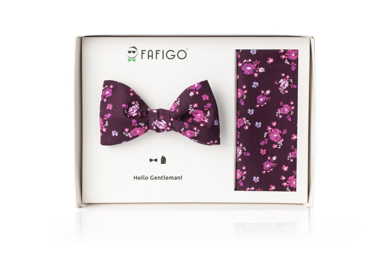 Fliege Einstecktuch Set in Beerenfarbe mit Blumenmuster