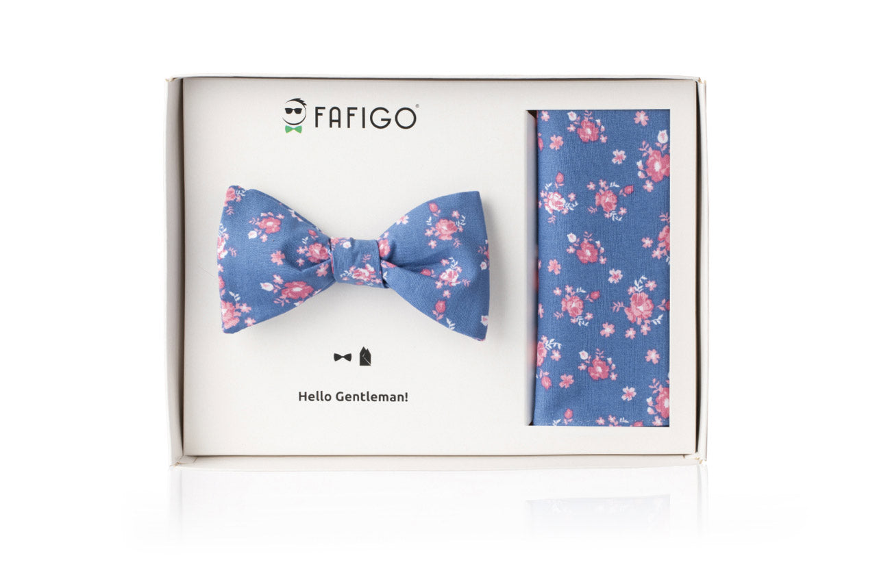 Blaues Fliege Einstecktuch Set mit Blumenmuster FAFIGO