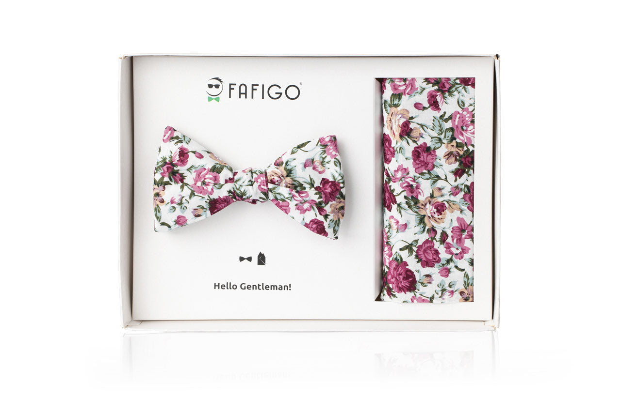 Weiß buntes Fliege Einstecktuch Set mit Blumenmuster FAFIGO