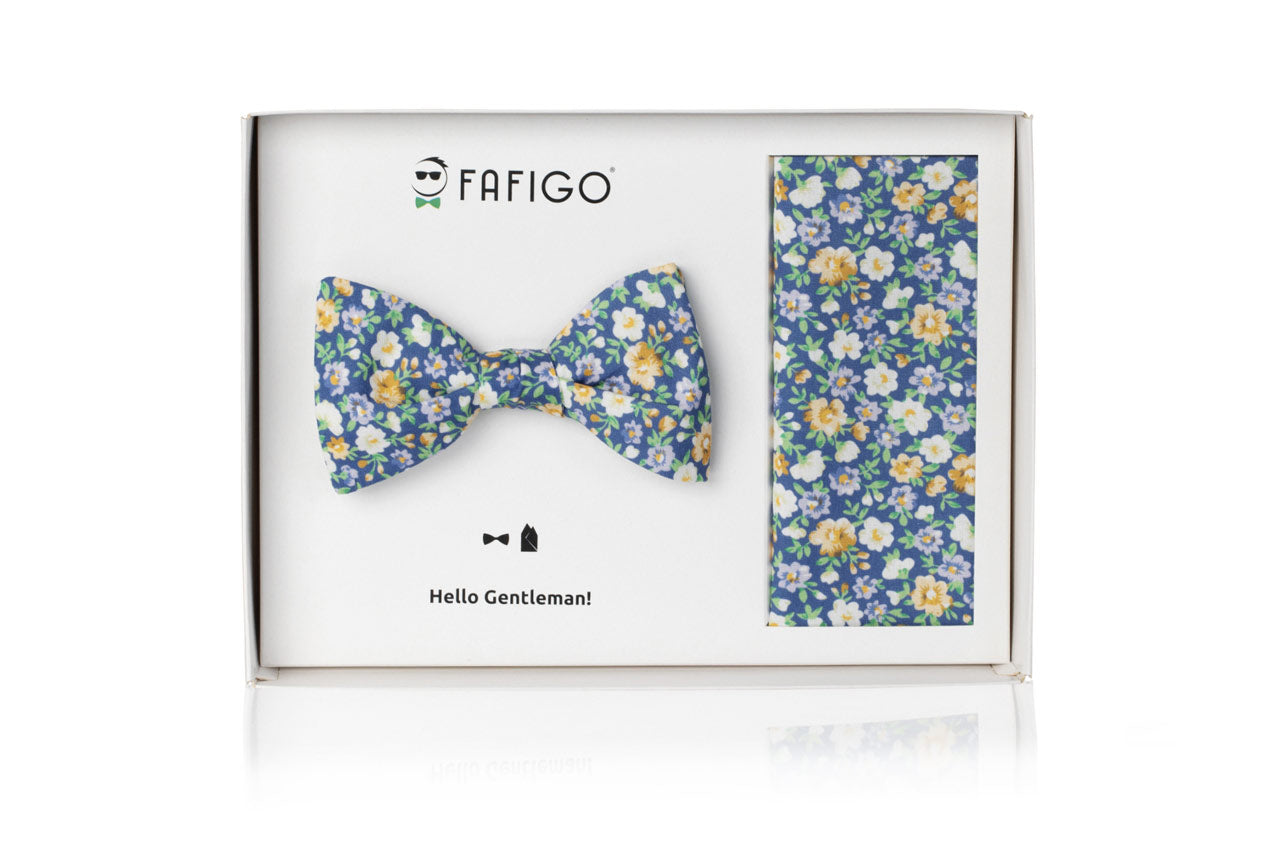 Blaues Fliege Einstecktuch Set mit buntem Blumenmuster FAFIGO