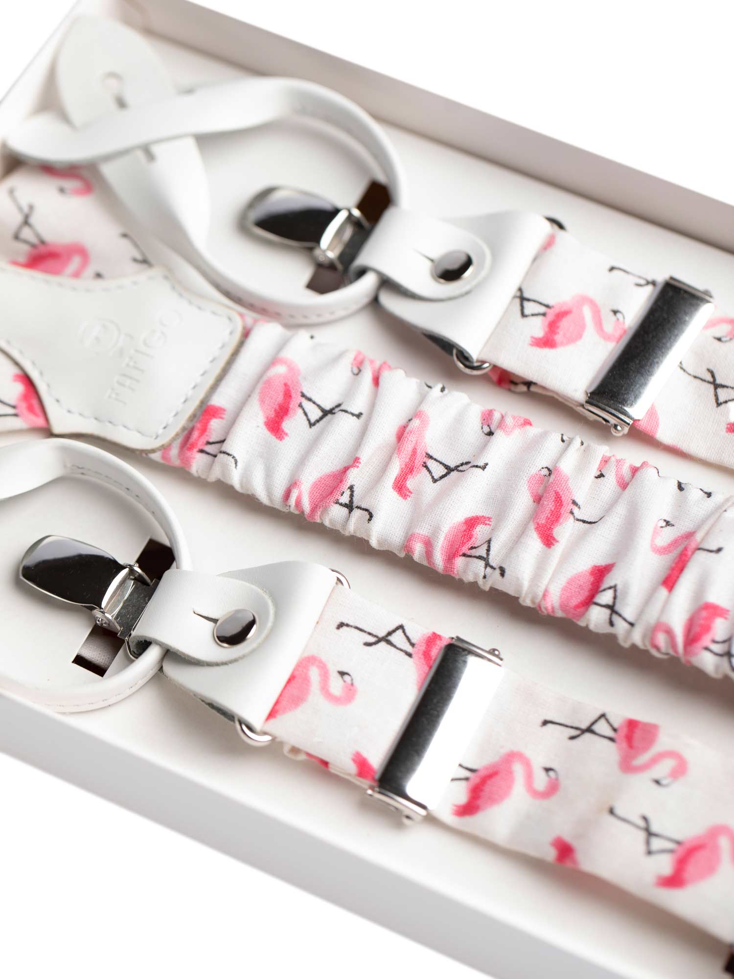 Hosenträger in Weiß mit pinken Flamingos FAFIGO