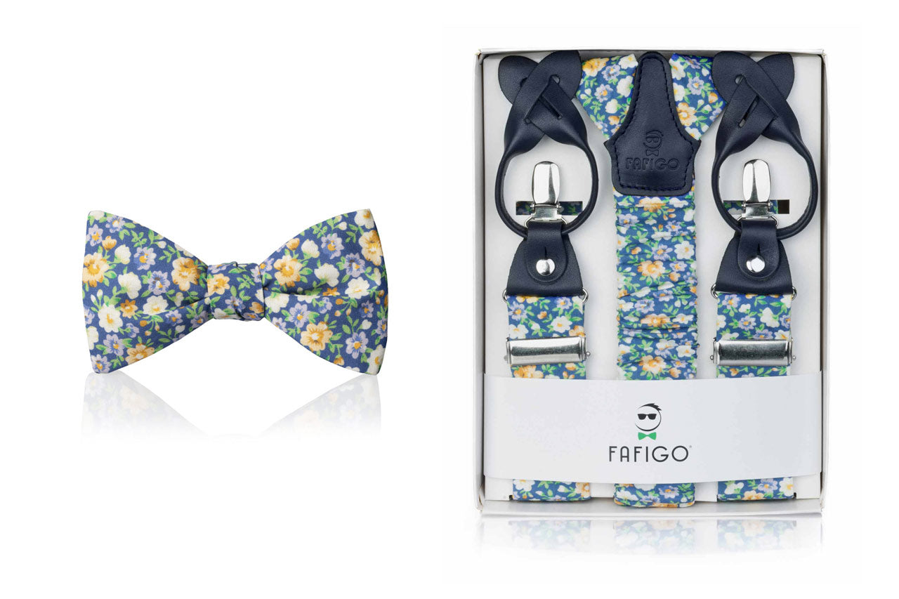 Set mit blauer Fliege und Hosenträger mit Blumenmuster "Clemenza" - FAFIGO