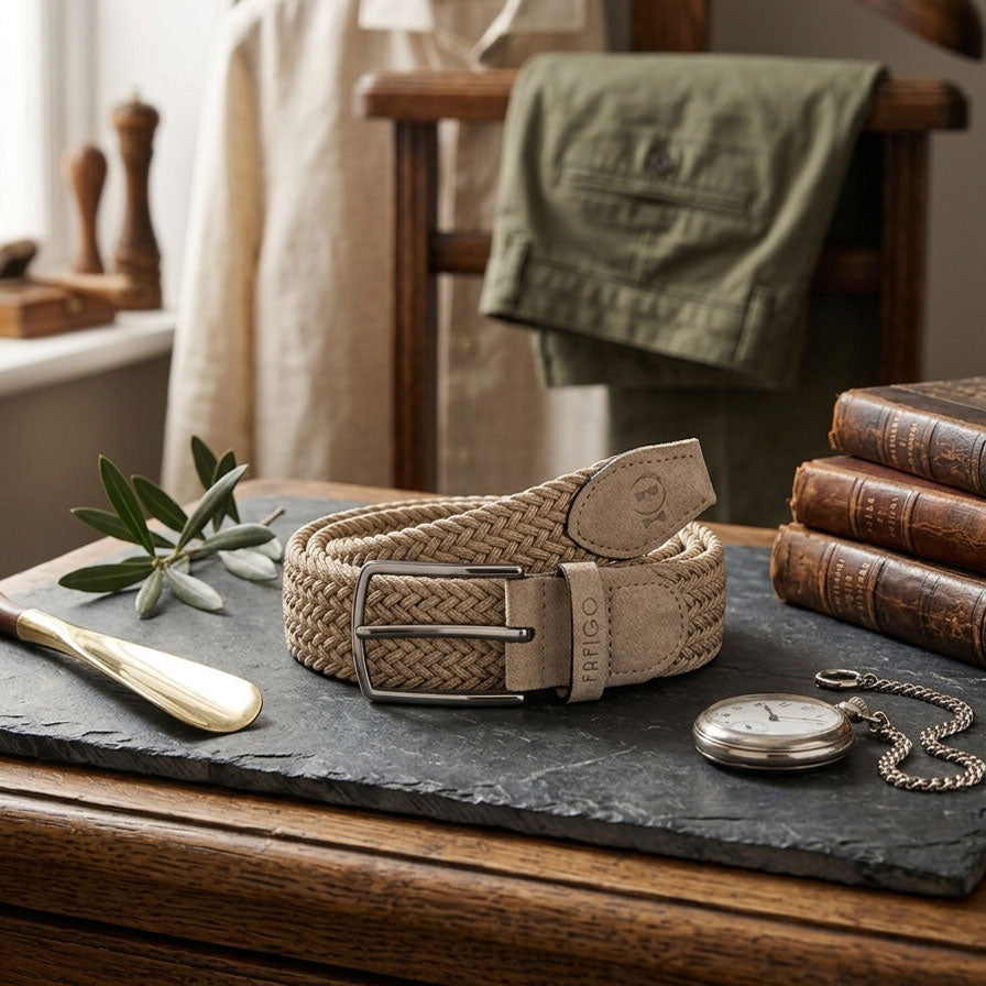 Flechtgürtel für Herren in Beige auf Tisch liegend - FAFIGO