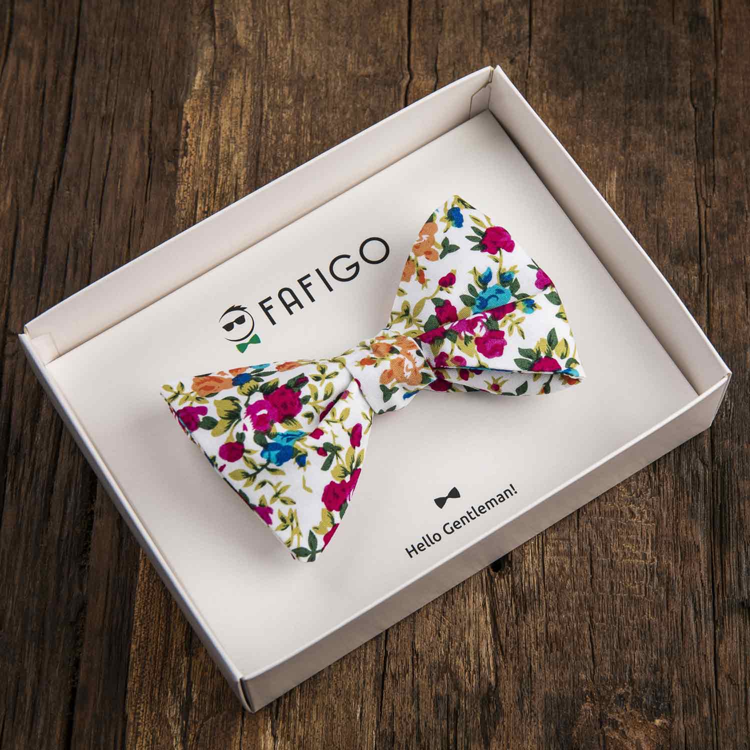 Weiße Herren Fliege aus Baumwolle mit Blumenmuster - FAFIGO